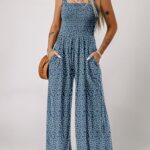 Dokotoo Womens Overalls Blue Jumpsuits for Women Casual Loose Fit Solid Color Wide Leg One Piece Sleeveless Jumpsuit Printed Long Pant Rompers with Pockets Printed M